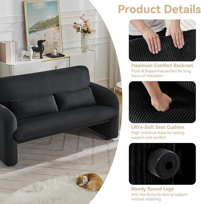 Corduroy Accent Living Room Sets, Modern Upholstered Love Seat with 2 Accent Chairs, Wide Comfy Leisure Chair Sets for Bedroom, Office, Black