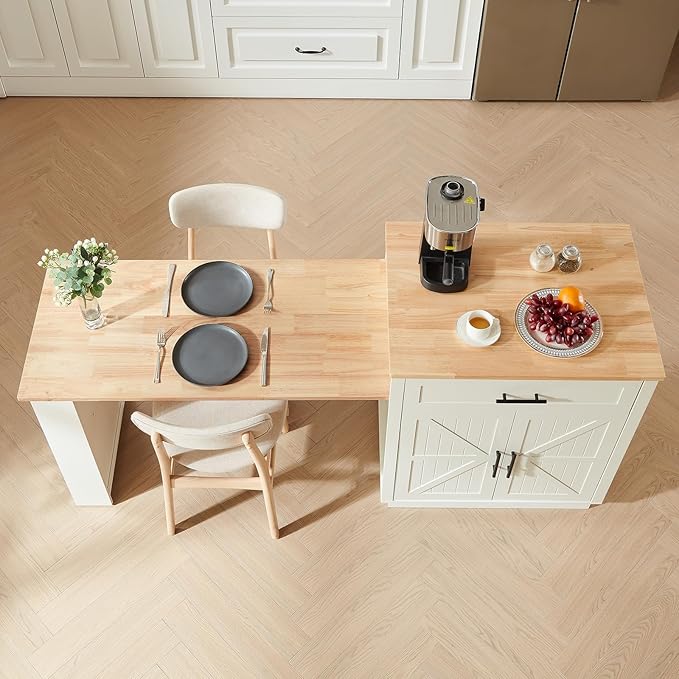 76" Kitchen Islands with Extendable Dining Table, 2-6 Island Table for Kitchen, Mobile Kitchen Table with Double-Side Storage, Kitchen Island on Wheels with Power Outlet & Spice Rack, White