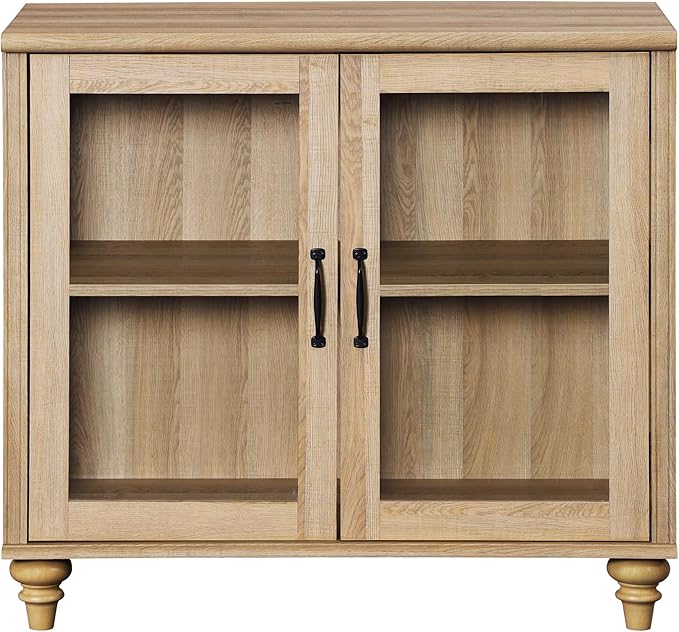 WAMPAT Farmhouse TV Stand for TVs Up to 43 inch, Glass Wood Universal TV Stand with 2 Storage Cabinets, Oak Entertainment Center for 32-43 inch TV Console Table for Living Room, Bedroom