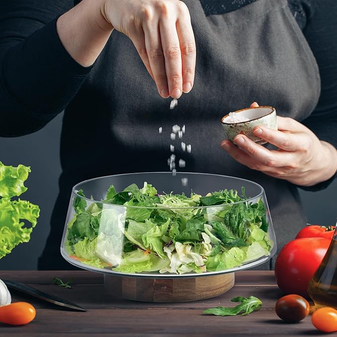 Extra Large Glass Salad Bowl Set - Party Salad Bowls with Acacia Wood Base and Serving Utensils - Elegant and Practical Kitchen Must-Have