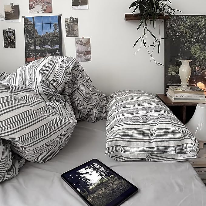 mixinni Vintage Grey & White Striped Comforter Set Twin XL Size - Soft Washed Cotton 3-Piece Neutral Bedding Set, Retro Geometric Pattern, All-Season Breathable & Fluffy for Men, Boys