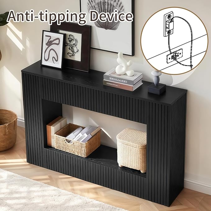 55.12" Wood Console Table for Entryway, Narrow Long Real Wood Fluted Design Sofa Tables Behind Couch Table Entryway Tables with 2-Tier Storage Shelves for Living Room, Hallway, Foyer, Black