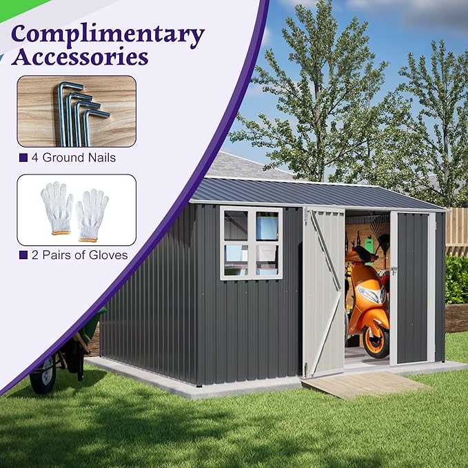 10 x 8 FT Outdoor Storage Shed with Floor, Metal Garden Tool Shed with Vents,Windows,Slooping Roof and Lockable Doors, All-Weather Bike Shed Easy to Assemble for Backyard, Patio, Lawn, Grey