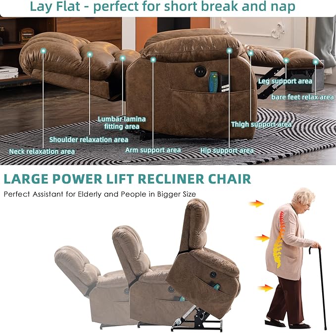 MEETWARM Large Infinite Position Dual Motor Recliner Chair for Big and Tall Elderly, Oversized Lay Flat Sleeper Power Lift Recliner with Massage Heat, 2 Remote Controls/USB Port/Side Pockets(Brown)