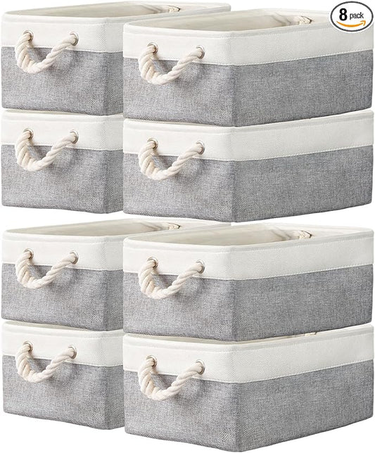 Storage Basket Bins 8 Pack Storage Baskets for Shelves - Decorative Baskets Fabric Storage Cubes Containers W/Handles for Clothes Storage Books, Home, Garage, Office, Bedroom, Parlor, Car (Grey/White)