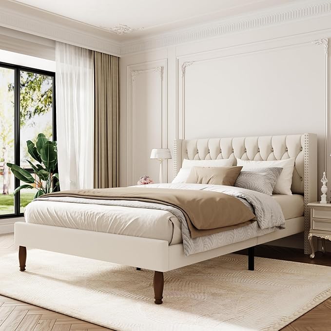 Queen Size Velvet Upholstered Bed Frame, 49.2" Tall Wingback Headboard, Deep Button Tufted, No Box Spring Needed, Solid Wood Legs, White