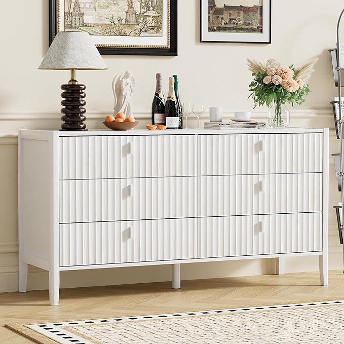 White 6 Drawer Dresser, 55" Wide White Modern Dresser with Fluted Front & Metal Handles for Bedroom or Living Room TV Stand