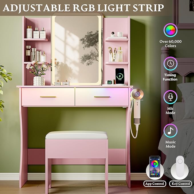 Pink Makeup Vanity Desk with Mirror and Lights, Small Vanity Table Set with Power Outlet, Dressing Table with 2 Drawer & 4 Storage Shelves, Adjustable RGB Lighting, Includes Chair for Girl’s Bedroom