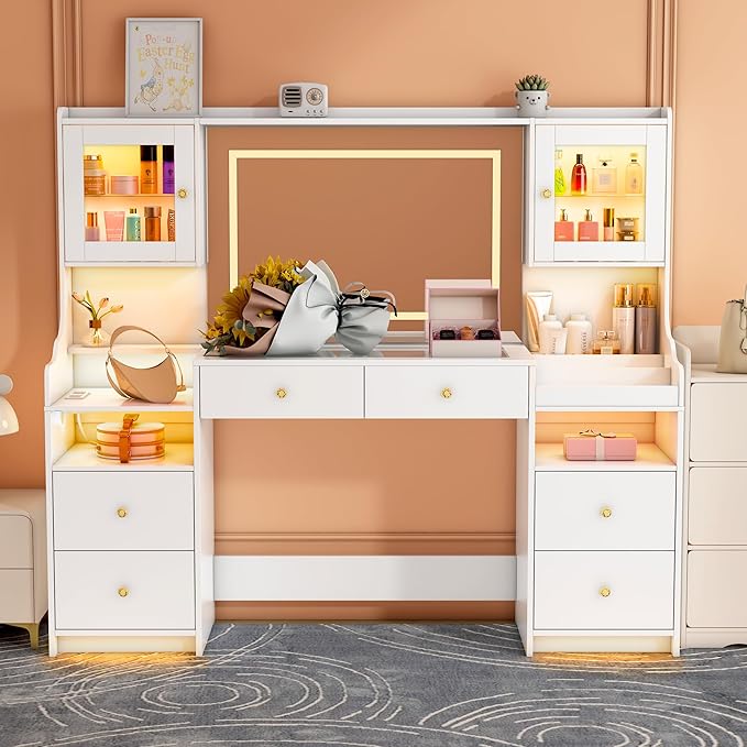 62" Large White Vanity Desk with Power Outlet, Makeup Vanity with Mirror and LED Lights, One Piece Controls 3 Lighting Modes, 4 Drawers Vanity with 2 Cabinets and Glass Top for Women, Girls