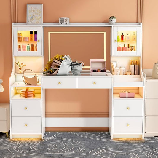 62" Large White Vanity Desk with Power Outlet, Makeup Vanity with Mirror and LED Lights, One Piece Controls 3 Lighting Modes, 4 Drawers Vanity with 2 Cabinets and Glass Top for Women, Girls
