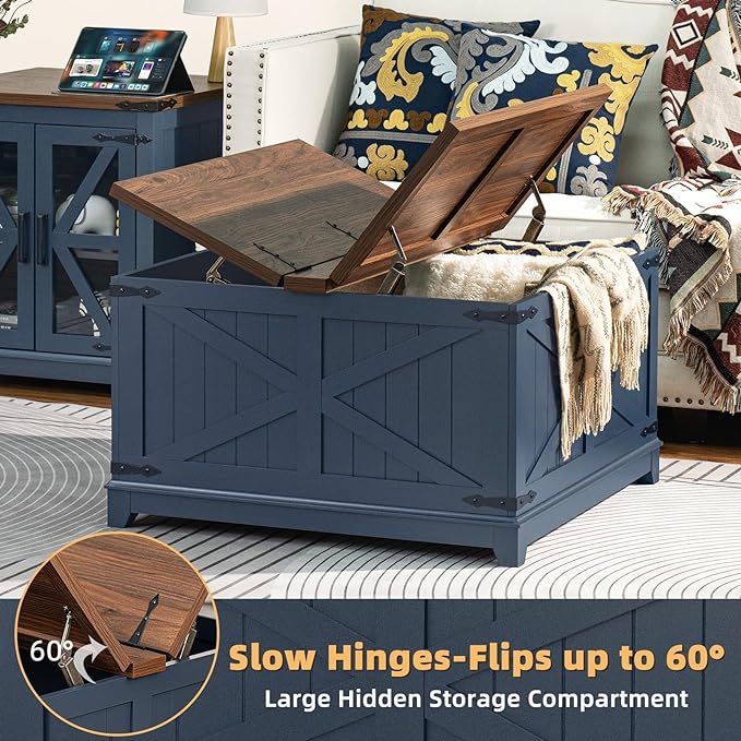 Farmhouse Coffee Table Sets 2 Pieces, Large End Side Tables with Charging Station and Coffee Table with Hidden Storage Compartment, Black Living Room Table Set, Wood Furniture Sets for Home Office