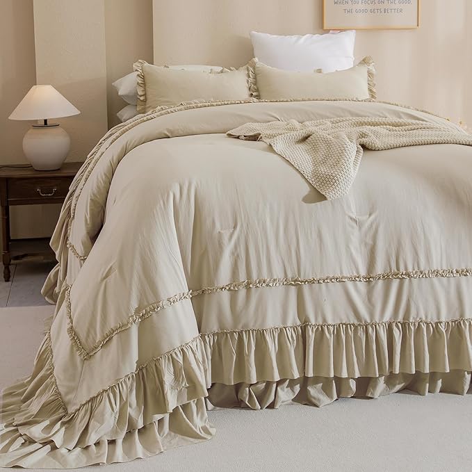 QSH Wheat Oversized California King Bed Comforter Set 128x120, Farmhouse Shabby Vintage Bedding Comforter with Ruffles French Country Comforter Soft Microfiber Fluffy Bedding 3 PCs