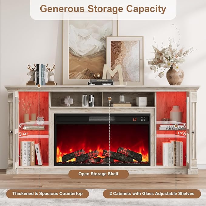 Farmhouse Fireplace TV Stand Up to 80" TVs, 70" Modern Highboy Entertainment Center with 36" Electric Fireplace & LED Lights, Media Console with Adjustable Shelves for Living Room, Antique Brush Gray