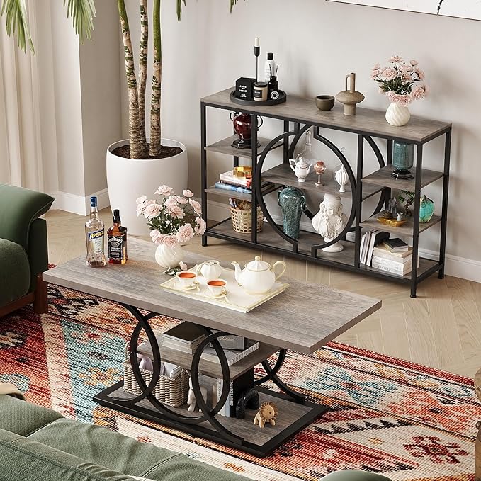 GiftGo 47" Industrial Console Tables for Entryway Rustic Sofa Table Behind Couch 4 Tier Wooden Shelves Entry Table with Storage for Foyer, Hallway, Front Door,Living Room (Retro Grey, 47")