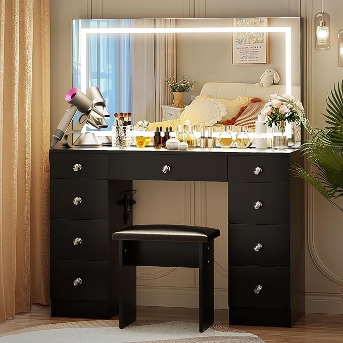 VOWNER Vanity with Lighted Mirror - Makeup Vanity Desk with Power Outlet and 9 Drawers, 3 Color Lighting Modes Adjustable Brightness, 43" Vanity Table with Soft Cushioned Stool for Bedroom, Black
