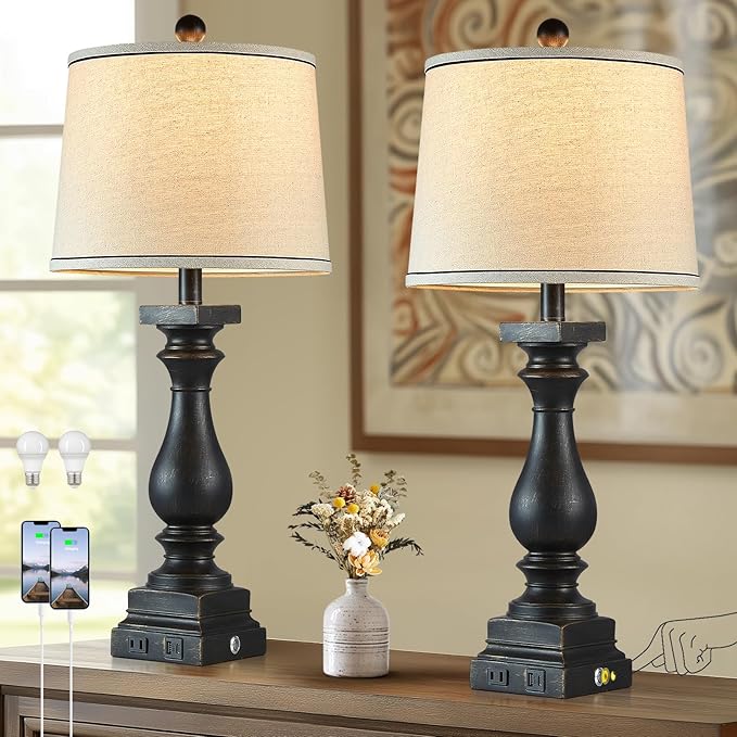 28" Tall Farmhouse Table Lamps Set of 2 with USB C+A Ports and AC Outlet, 3 Way Touch Control Rustic Bedside Lamp for Bedroom, Black Vintage Nightstand Lamp for Living Room Office