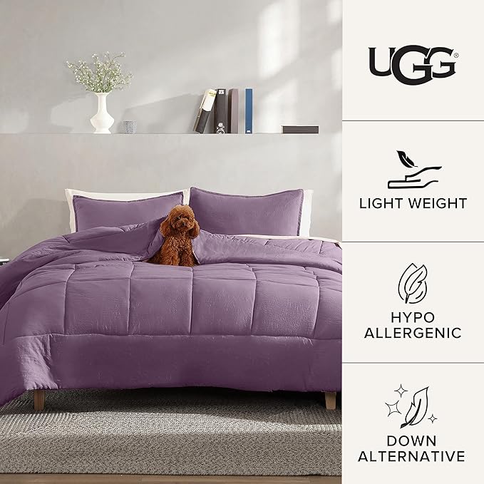 UGG Leonora Comforter Set with 2 Pillow Shams Lightweight Down Alternative Blanket Reversible Cozy Warm All Season Washable and Hypoallergenic Bedding Set, King, Purple Shadow