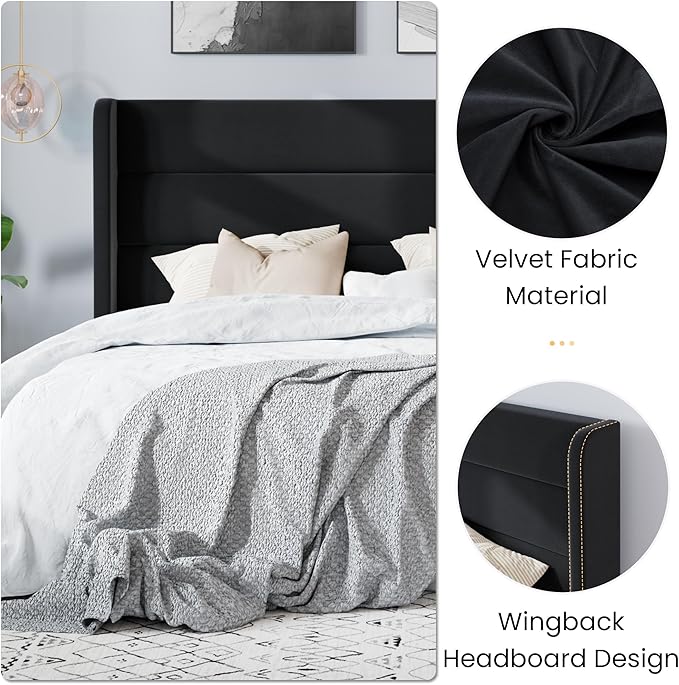 SHA CERLIN Queen Size Velvet Bed Frame/Vertical Channel Tufted Wingback Headboard/Upholstered Platform Bed with Wooden Slats/Mattress Foundation/No Box Spring Needed/Easy Assembly/Black