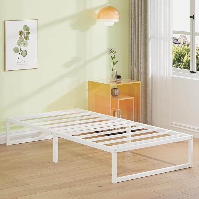 EMODA 12 Inch Twin XL Bed Frame, Metal Platform White Bed Frame No Box Spring Needed, Heavy Duty Steel Slats Support, Easy Assembly, Noise Free
