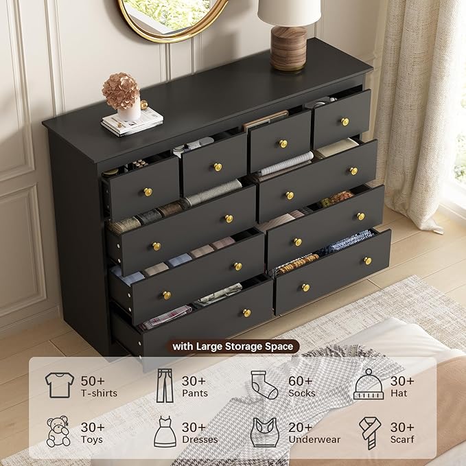 LYNSOM Modern 10 Drawer Dresser, 55.1" Wide Dressers & Chests of Drawers with Large Capacity Storage, Mid Century Black Dresser for Bedroom, Hallway, Black