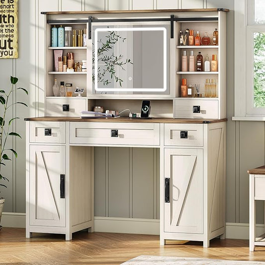 Farmhouse Makeup Vanity Desk with Sliding Mirror and Lights, 47.2" Big Vanity Table with Charging Station, Makeup Desk with 5 Drawers & 2 Cabinets, White