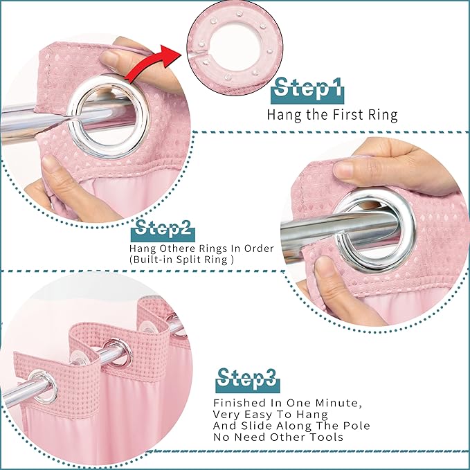 Conbo Mio No Hook Waffle Weave Shower Curtain with Snap in Liner Set, Hotel Luxury Pink Shower Curtains for Bathroom with See Through Top Window, Waterproof, Washable 71W x 74H