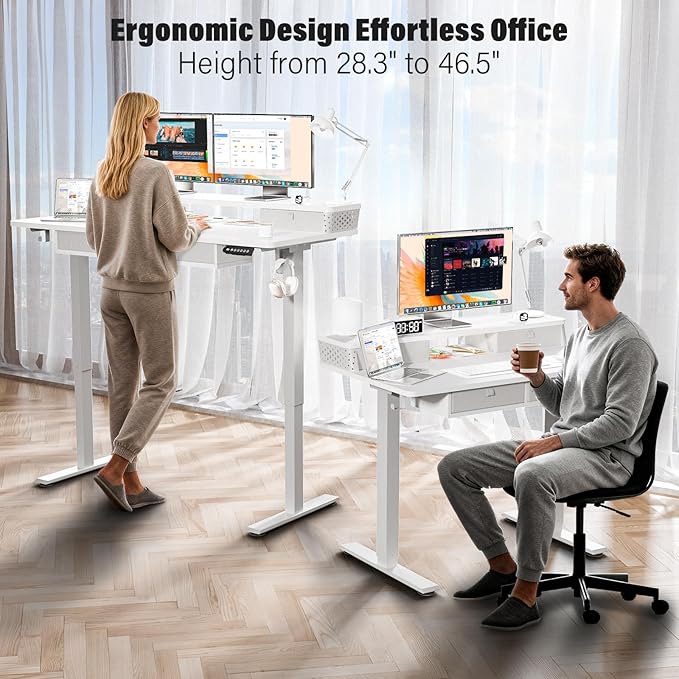 Electric Standing Desk with 4 Drawers 40''x 24'' Small Adjustable Height Sit to Stand Up Desk with Storage Shelf, C-Clamp Mount Compatible Black Home Office Desks Computer Desk Ergonomic Workstation