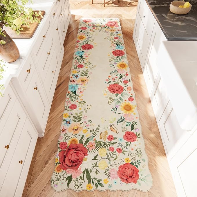Hallway Rug 2'6''x10' Long Washable Floral Hallway Runner Rug Boho Vintage Low Pile Carpet for Entryway, Laundry Room High Traffic Areas, Indoor Rug for Bathroom (Beige