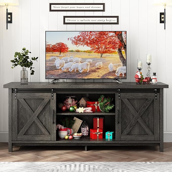 58" Farmhouse TV Stands for 55 60 70 inch TV w/Adjustable Shelves,Sliding Barn Door.Wooden Entertainment Center,TV Console Cabinet with Storage for Bedroom Living Room(Dark Grey)