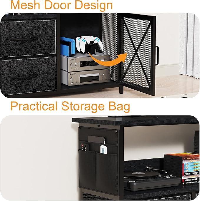 Dresser for Bedroom with LED Lights, TV Stand with Charging Station for 50 inch TV, 6 Drawers Chest with Door and Side Storage, Long Metal Dresser Table for Living Room, Black