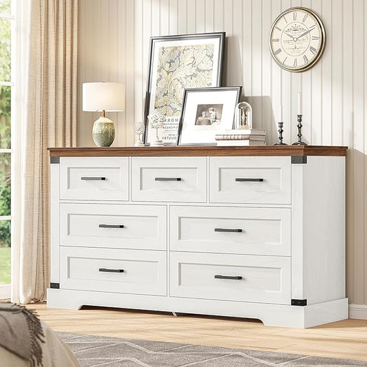 Hasuit White Dresser for Bedroom, Wooden 55.1" Long Dressers Chest of Drawer, Farmhouse 7 Drawer Dresser with Thick Styling, Large Capacity Storage Cabinet Organizer, Wide Dressers for Bedroom Hallway