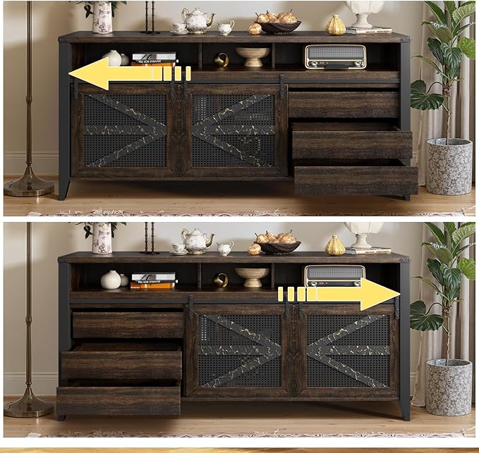 VFK 70 Inch TV Stand for TVs up to 70", Rustic Farmhouse Media Console with Sliding Barn Doors, 6 Drawers, Entertainment Center for Living Room