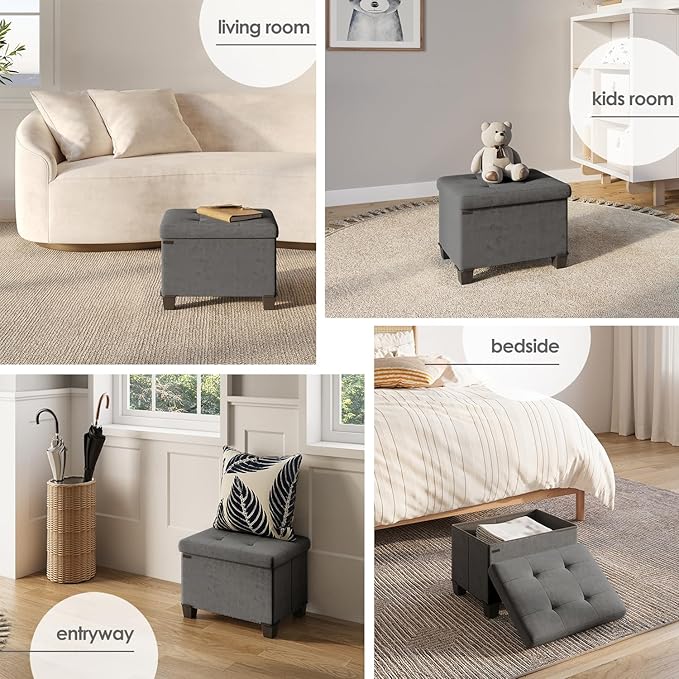 STORAGEBUD Storage Ottoman Cube with Small Bin, 16-in Square Ottoman with Storage for Living Room and Bedroom, Small Ottomans Foot Rest, Velvet Foot Stools Ottomans Max 330lbs, Grey
