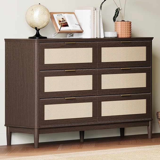 LINSY HOME Rattan Dresser for Bedroom with 6 Drawers, 47" Wide Chest of Drawers, Mid Century Modern Dresser TV Stand with Metal Handle, Wood Closet Storage Cabinet for Living Room, Hallway, Walnut