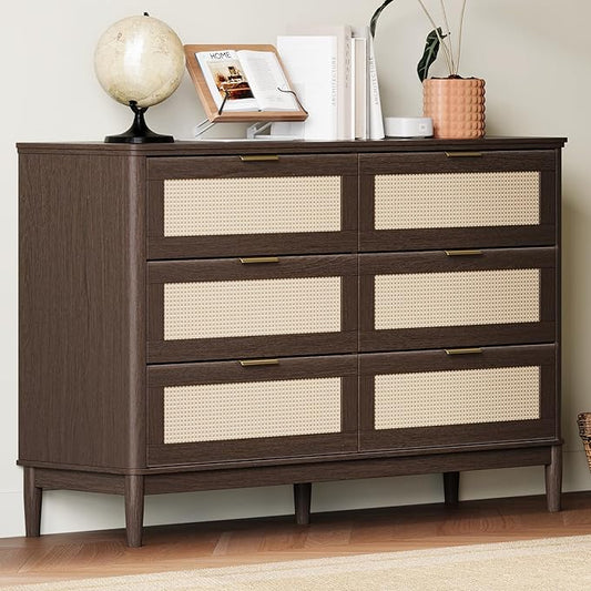 LINSY HOME Rattan Dresser for Bedroom with 6 Drawers, 47" Wide Chest of Drawers, Mid Century Modern Dresser TV Stand with Metal Handle, Wood Closet Storage Cabinet for Living Room, Hallway, Walnut