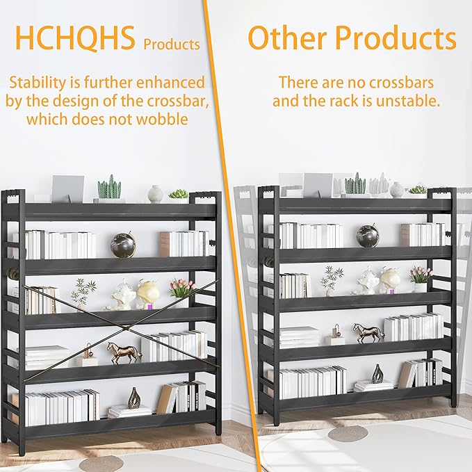 HCHQHS 5 Tier Bookshelf, Adjustable Industrial Bookcase, Vertical Tall Book Shelf, Wood and Black Metal Open Bookshelves for Home Office, Living Room, Bedroom