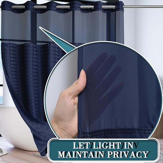 Conbo Mio Extra Wide No Hook Shower Curtain with Snap in Liner Set, 108" x 74" Hotel Luxury Navy Blue Shower Curtains for Bathroom with See Through Top Window, Waterproof, Washable 108W x 74H