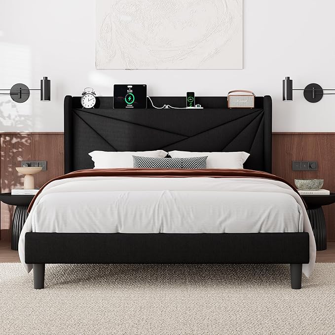Feonase Full Size Bed Frame with Charging Station, Linen Upholstered Platform Bed Frame with Wingback Storage Headboard, Solid Wood Slats Support, No Box Spring Needed, Noise Free, Black