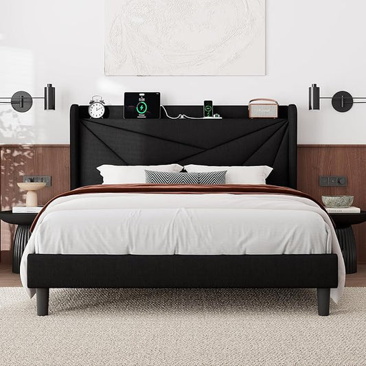 Feonase Full Size Bed Frame with Charging Station, Linen Upholstered Platform Bed Frame with Wingback Storage Headboard, Solid Wood Slats Support, No Box Spring Needed, Noise Free, Black