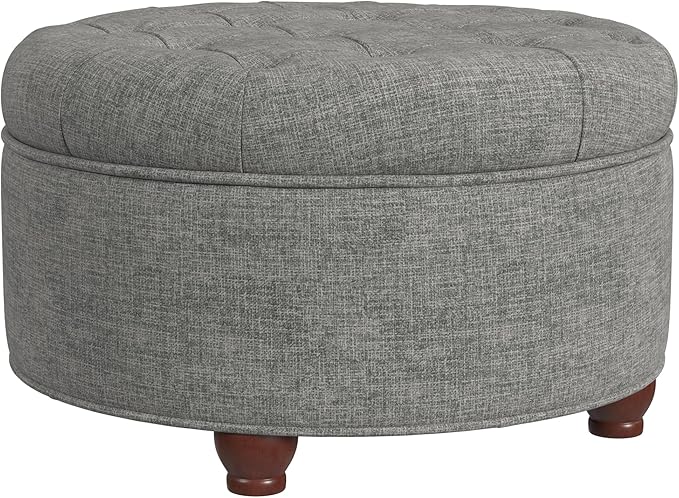 HomePop Home Decor |Button Tufted Woven Round Storage Ottoman | Ottoman with Storage for Living Room & Bedroom (Gray Woven)