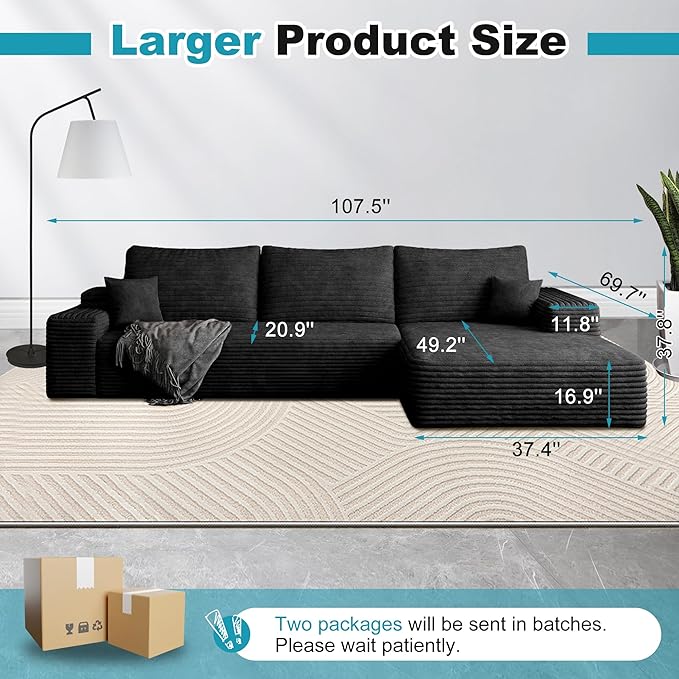 Sectional Couches for Living Room 112" L-Shape Cloud Couch Modern Modular Sectional Sofa Bad, Boneless Couch with Right Deep Seat, No Assembly Required (Plush Corduroy Fabric, Black)