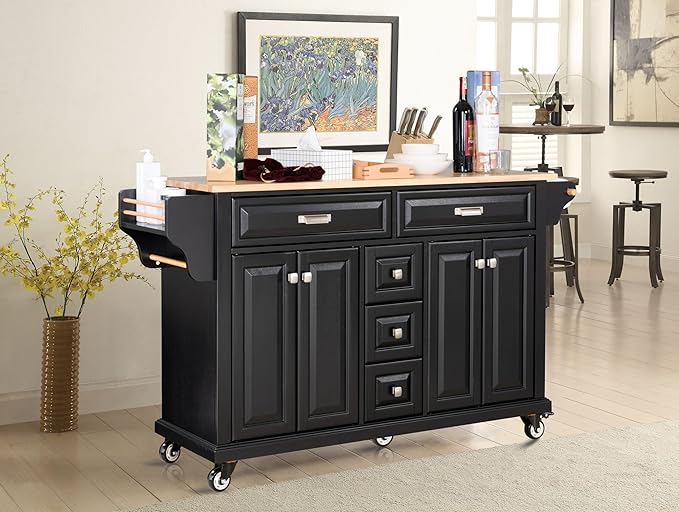 Generic 60.5"" Kitchen Island on Wheels, Rolling Island Table for Kitchen with Double Storage Cabinet and 5 Drawers, Portable Kitchen Cart with Rubber Wood Top, Black, Large