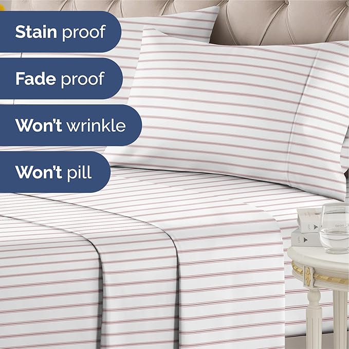 Striped Sheets - Red & White Striped Sheets - 1 Flat & 1 Fitted & 2 Pillowcases w/ Deep Pockets – Wrinkle & Fade Free - Ultra-Soft, Breathable & Cooling – Luxury Pinstripe Bedding - Queen Size Bed Set