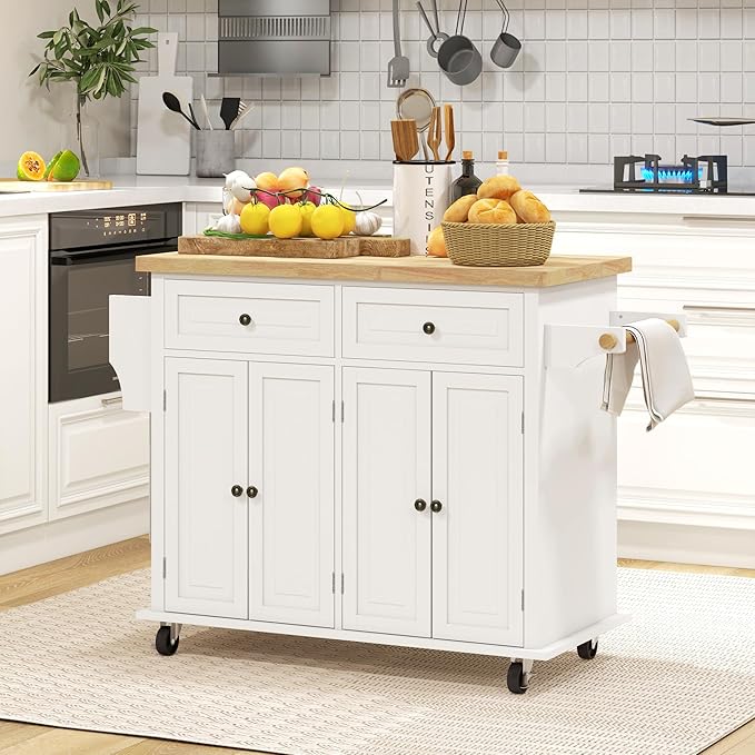 HOMCOM Kitchen Island Cart with Rubber Wood Top, Rolling Kitchen Island Table on Wheels with Drawers, Adjustable Shelves, Spice Rack and Towel Rack for Dining Room, Cream White