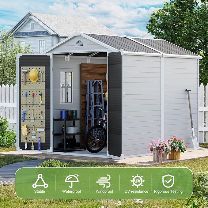 8x6 FT Outdoor Storage Shed, Waterproof Resin Shed with Floor Included & Lockable Door & Window & Vents, Outside Plastic Sheds for Backyard, Patio, Poolside, Lawn, Dove Grey