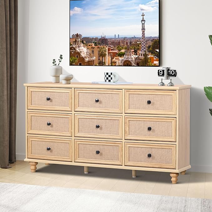 ORRD 9 Drawer Dresser for Bedroom, Mid Century Modern Wide Wood Rustic Chest of Drawers Wooden Storage Organizer Dressers with Burlap Rattan Drawers for Living Room, Hallway Closet, Entryway, Natural