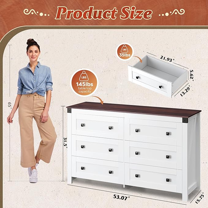 WLIVE Farmhouse 6 Drawer Dresser for Bedroom, 53.07'' Wide Wood Dresser, White Dressers Storage Organizer with Double Rustic Handle, TV Stand for 60 inch TV, Chest of Drawers for Living Room, Hallway