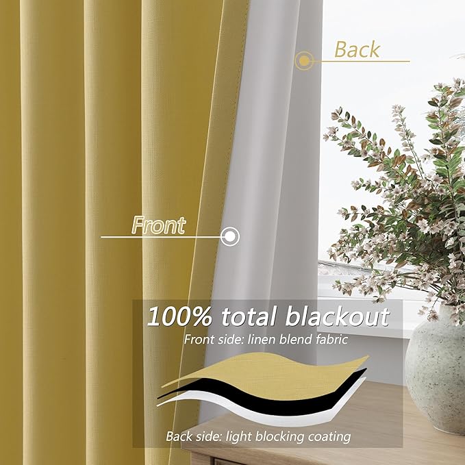 Guken Yellow Blackout Curtains 90 Inch Length 2 Panels Set for Living Room Bedroom Back Tab Thermal Insulated 100% Black Out Linen Drapes Room Darkening Window Curtains 90 Inches Long