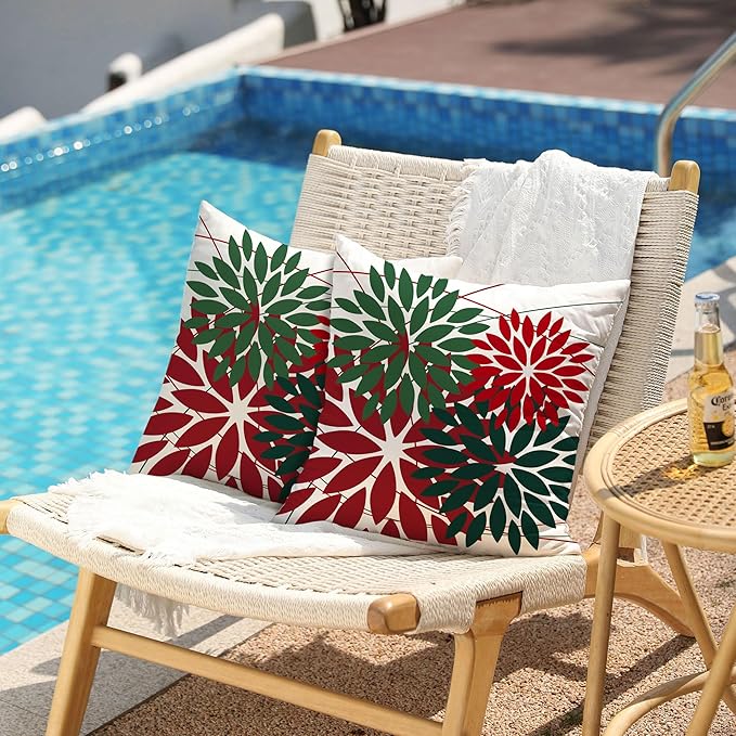 DFXSZ Outdoor Pillow Covers 16x16 Inch Set of 2 Red Green Flower Decorative Waterproof Summer Outdoor Pillow Covers for Patio Funiture Garden Couch 168P16