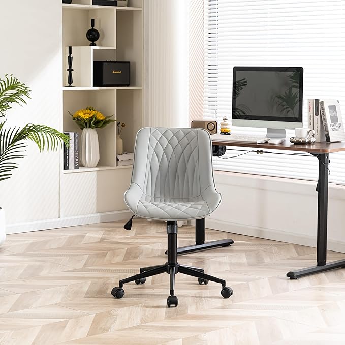 YOUNIKE Grey Ergonomic Home Office Desk Chair Armless Comfy Small Criss Cross Chair with Wheels Swivel Adjustable Modern Vanity Chair Wide Back Cute Leather Upholstered Rolling Task Chair No Arms